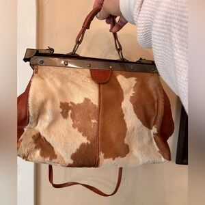 Brown Leather and Cowhide Women's Bag includes shoulder strap unique hardware